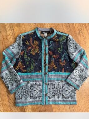 Sag Harbor Multicolor Floral Jacquard Jacket with Teal Trim Sz 14